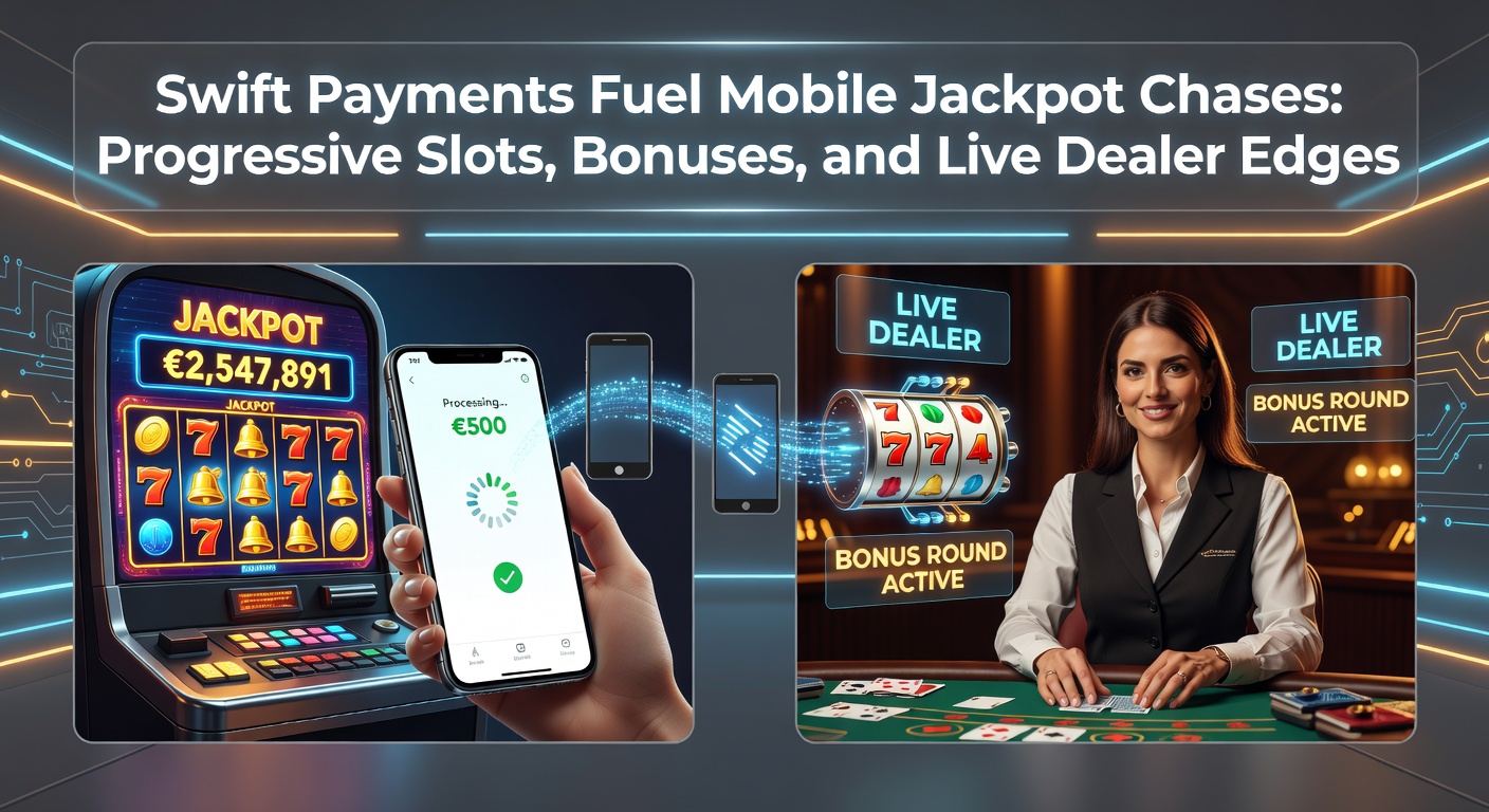 Smartphone mit progressivem Slot-Jackpot und schnellen Zahlungssymbolen auf hellem Bildschirm, umgeben von mobilen Casino-Elementen